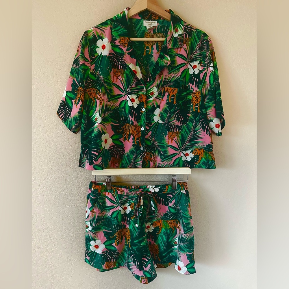 Cynthia Rowley Tiger Jungle Cropped Notch Collar Top & Shorty Pajama Set